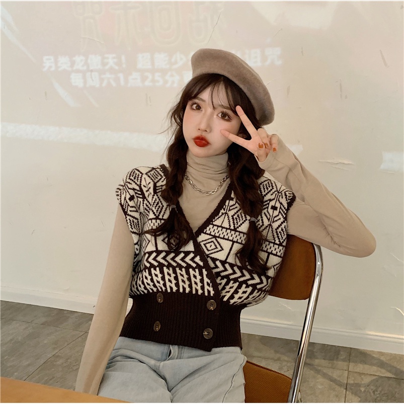 EUNII Rompi Rajut Wanita Retro V-Neck Crop Top Lengan Sweater Korean Style