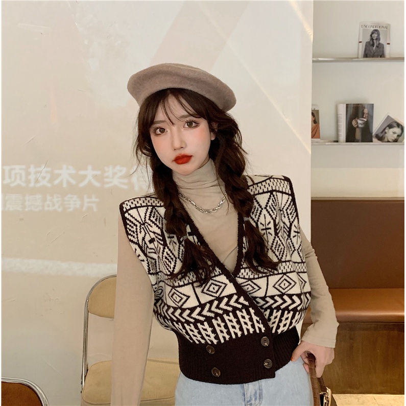 EUNII Rompi Rajut Wanita Retro V-Neck Crop Top Lengan Sweater Korean Style