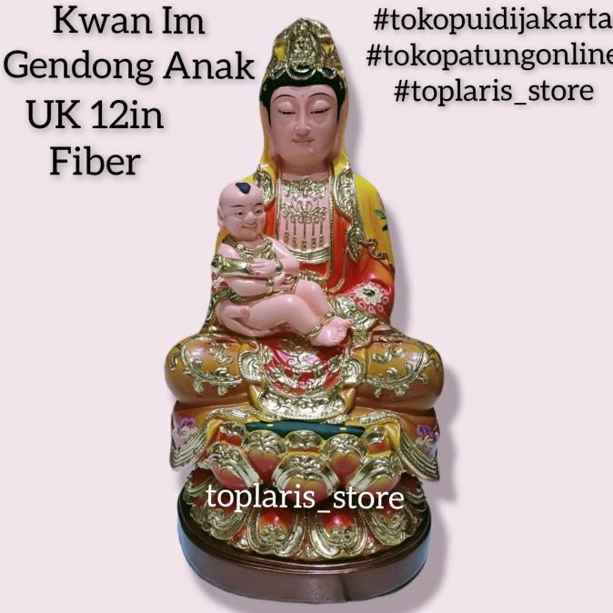 Patung Kwan Im Gendong Anak Fiber 12in