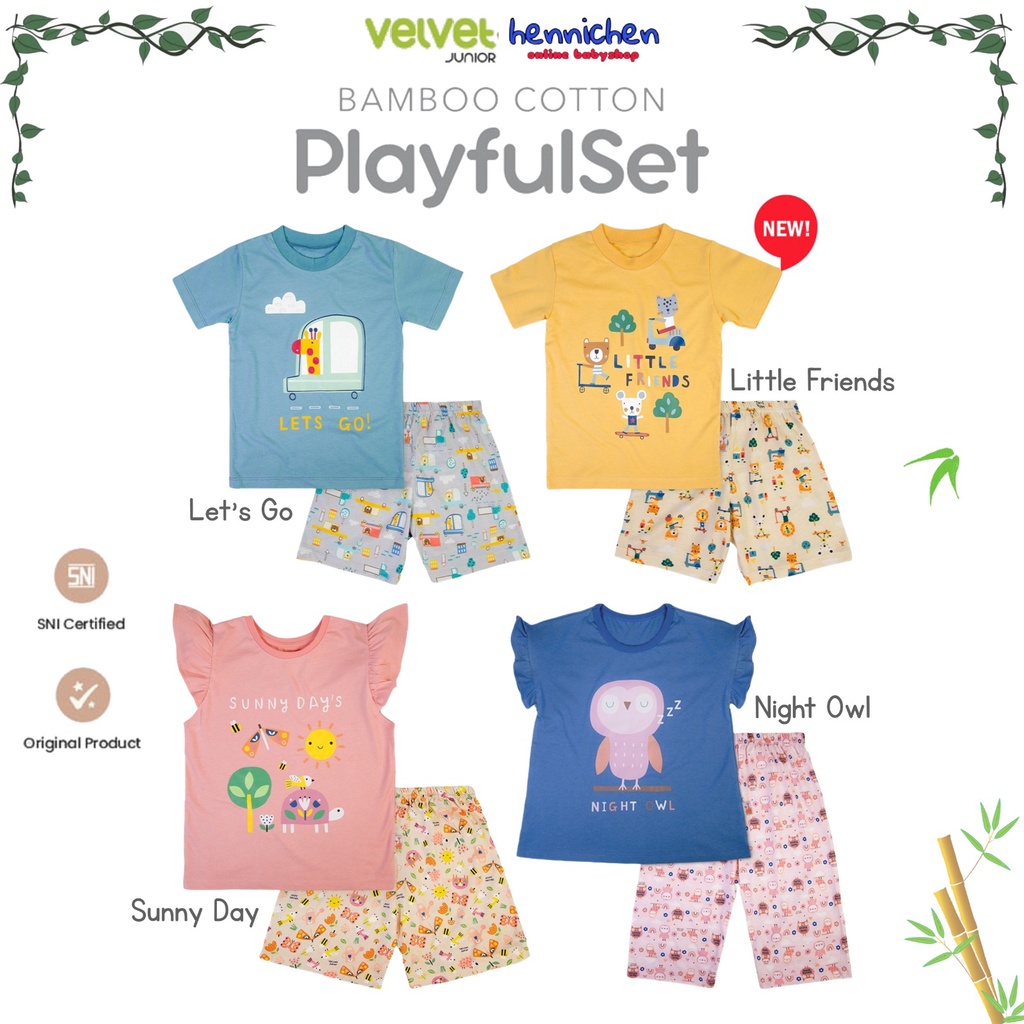 VELVET JUNIOR PLAYSET PLAYFULL SET BAMBOO COTTON TEE &amp; SHORTS SET / RUFFLE TEE &amp; SHORTS SET SETELAN BAJU PENDEK ANAK LAKI-LAKI DAN PEREMPUAN