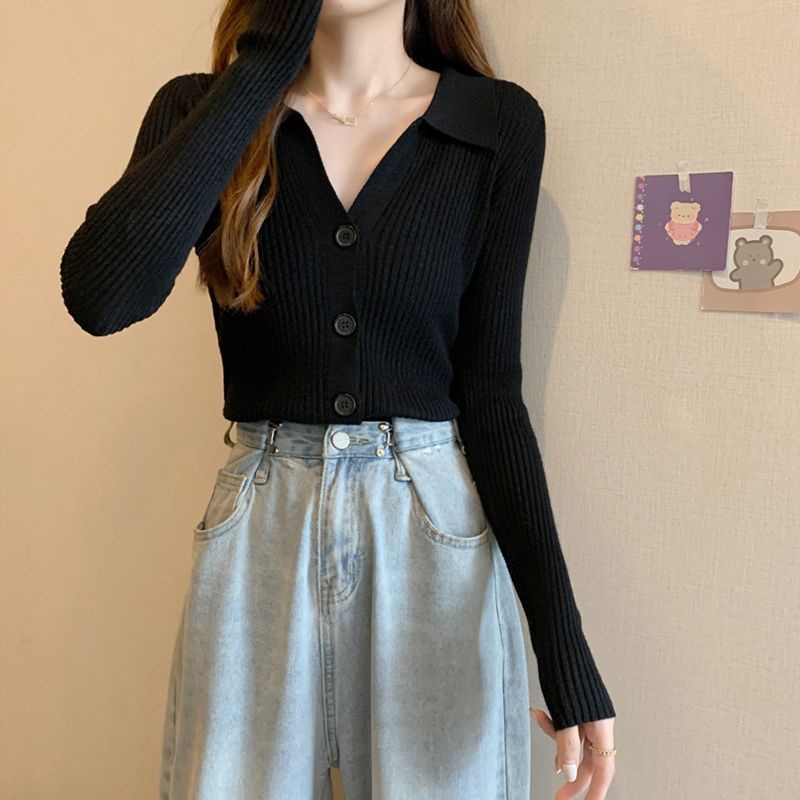 Korean Atasan Wanita Lengan Panjang Polos Rajut Kancing Outer