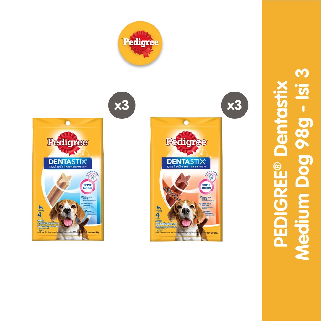 

23bagusmenshop - Pedigree Dentastix Snack Anjing Medium 98gr Isi 3 Dental Chew Original