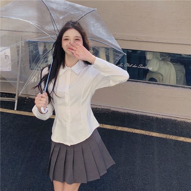 Kemeja Putih Wanita Korean Lengan Panjang Polo Casual Top