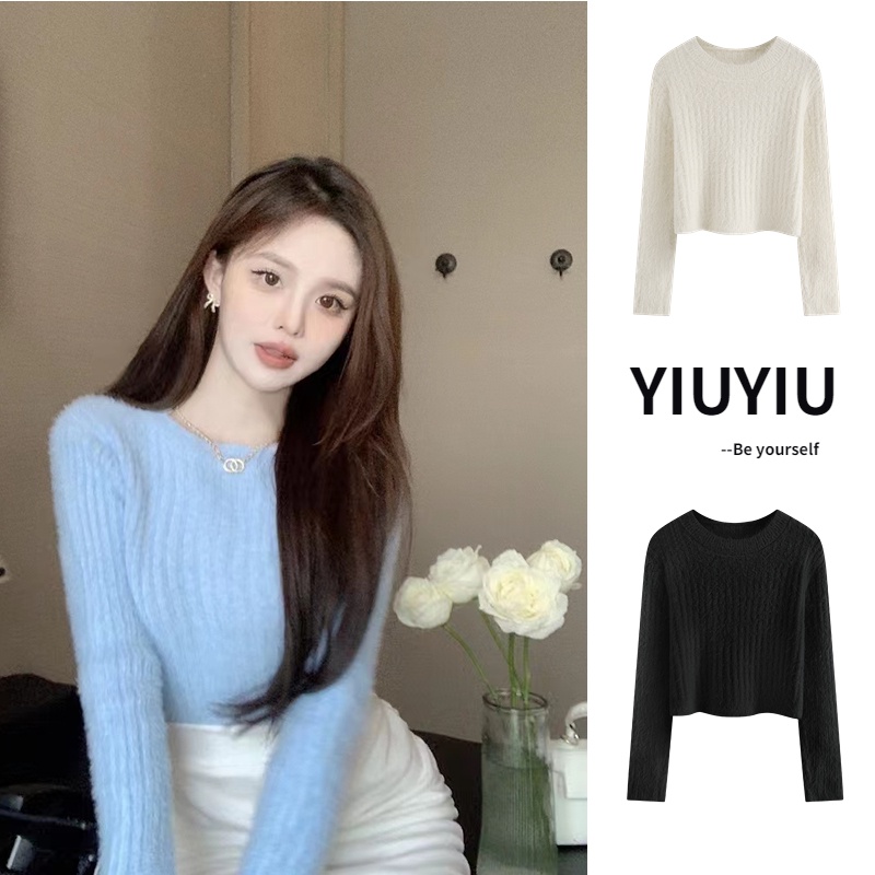 YIU YIU Rajut - Korea Sweater Wanita Crewneck Sweeter Crop Sweater Putih Lengan Panjang Rajut