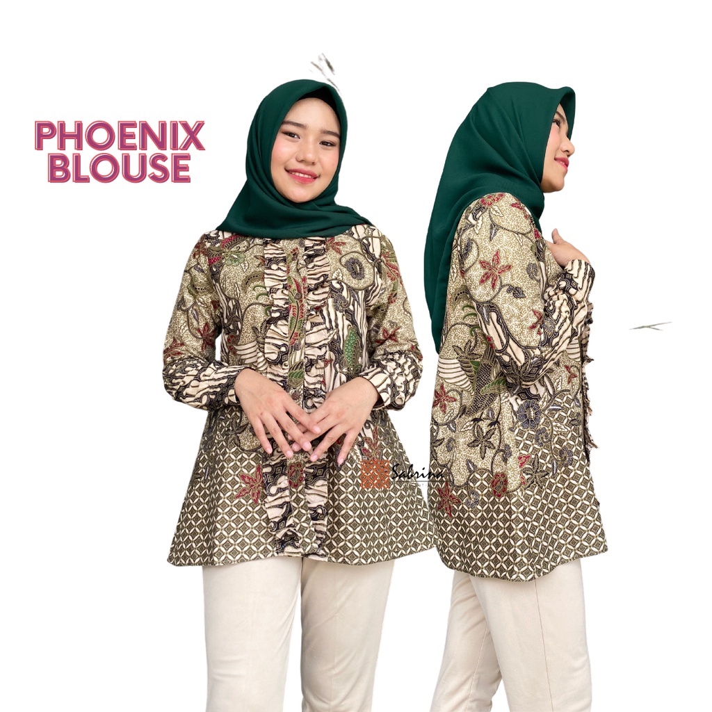 BLOUSE BATIK PHOENIX Atasan Batik Kerja Kantor Modis Modern Cantik Kekinian Print Halus Hijau Emerald