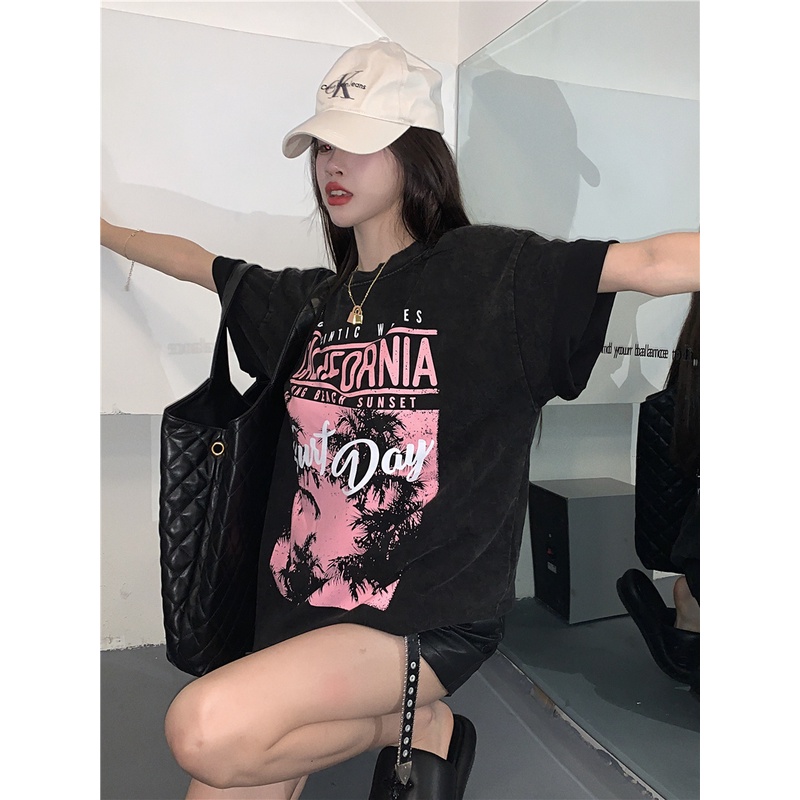 baju atasan wanita/kekinian american retro kemeja hitam wanita lengan pendek rap hiphop motif printed t-shirt import kaos couple ootd