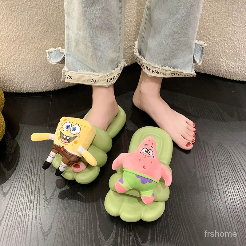 Sandal wanita SpongeBob SquarePants sandal dasar datar yang lucu sandal bawah yang lembut sandal jep