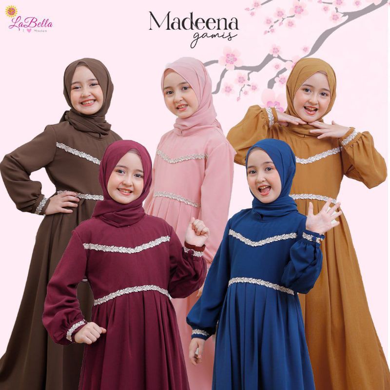 COUPLE MADEENA GAMIS IBU DEWASA ANAK LABELLA POLOS PLAIN BROWN COKLAT BIRU NAVY MUSTARD KUNING MERAH
