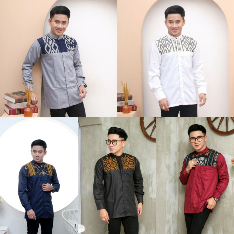 KEMEJA KOKO LENGAN PANJANG KOMBINASI TENUN ASLI / BAJU MELAYU TENUN BATIK KHAS INDONESIA