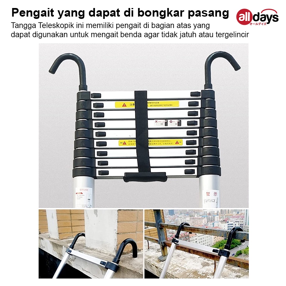 Alldays Tangga Lipat Teleskopik Single 6,2 METER (With Hook) Alumunium Ladder Bahan Kuat, Praktis, Simple