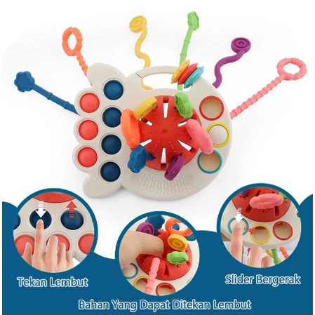 【Pengiriman Gratis】Mainan Edukasi Bayi Multifungsi Pop It Teether Bayi Tarik Panjang Mainan Gigitan Bahan Silikon Bentuk Bentuk Roket BPA Free