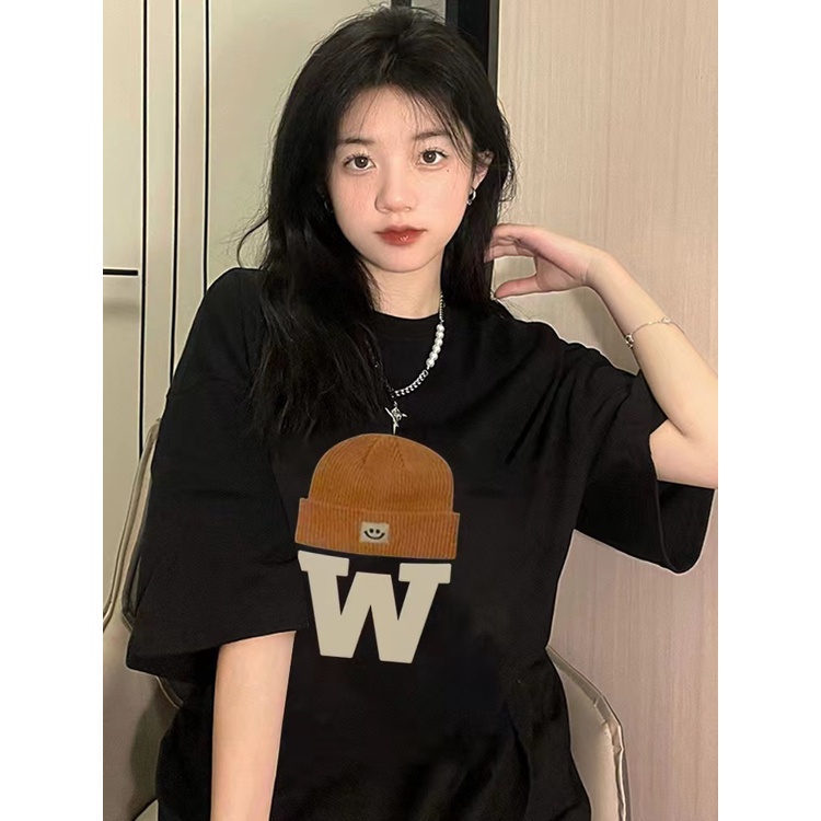 Korean Style Oversize Cartoon Letter Kaos Hitam Atasan Wanita Lengan Pendek Oversize Printed T-shirt