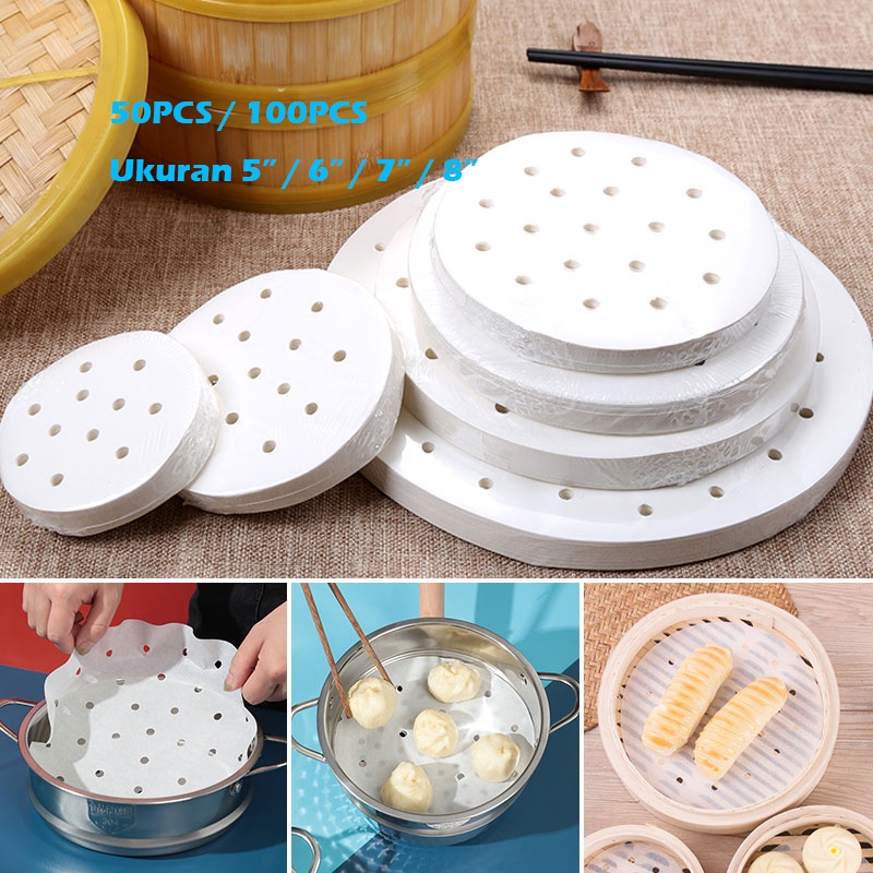 50pcs/100pcs Kertas Alas Dimsum Dimsum Paper 5&quot; 6&quot; 7&quot; 8&quot; Air Fryer Steamer Liners Non-Stick Steaming Basket Mat