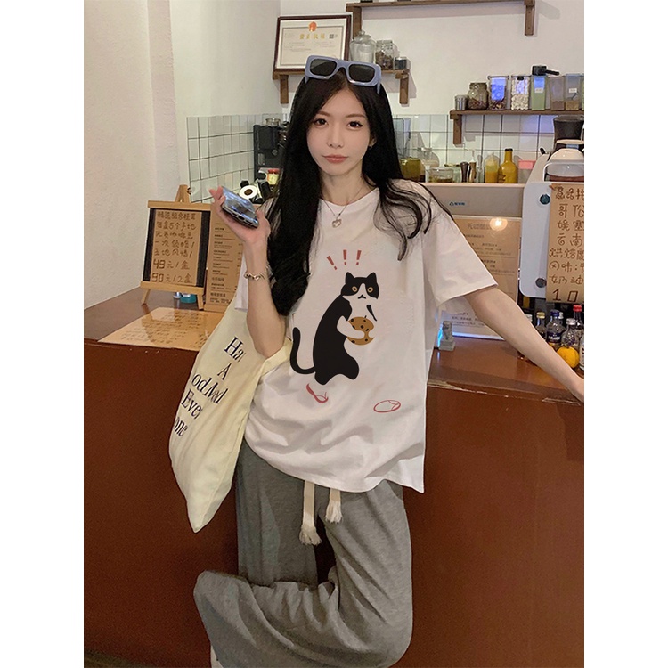 XIAOZHAINV Kaos Atasan Wanita Cat Lost Shoes Pattern Lengan Pendek A0295