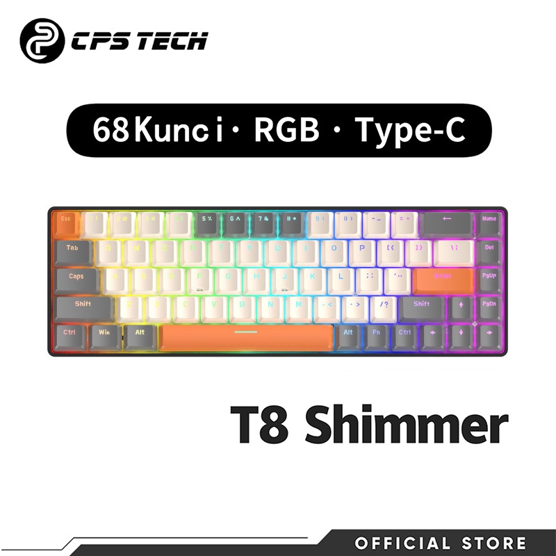 CPSTECH T8 Shimmer keyboard mechanical  68 tombol mekanik Type-C Wired Gamer Keyboard berwarna-warni