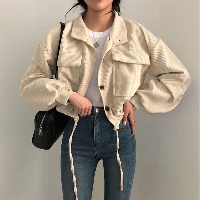 EUNII Jaket Crop Lengan Panjang Corduroy Wanita Jacket Korean Style