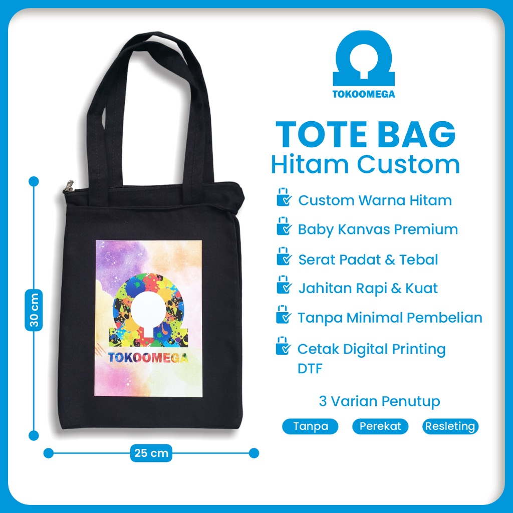 Totebag Custom Kanvas Hitam Ukuran 25 x 30 Cm Tas Tote Godie Goodie Bag Goodiebag Jinjing Tenteng Resleting Untuk Sekolah Kuliah Pria Wanita