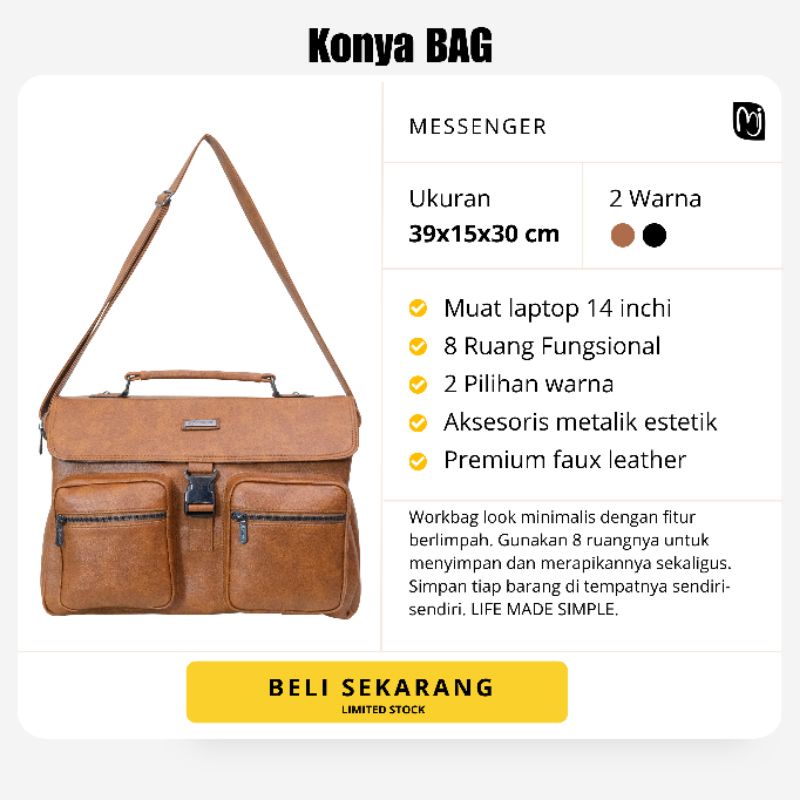 Konya Bag by Manjua. Tas Kerja Selempang, Tas Kuliah, Tas Laptop, muat Laptop 14 inch.