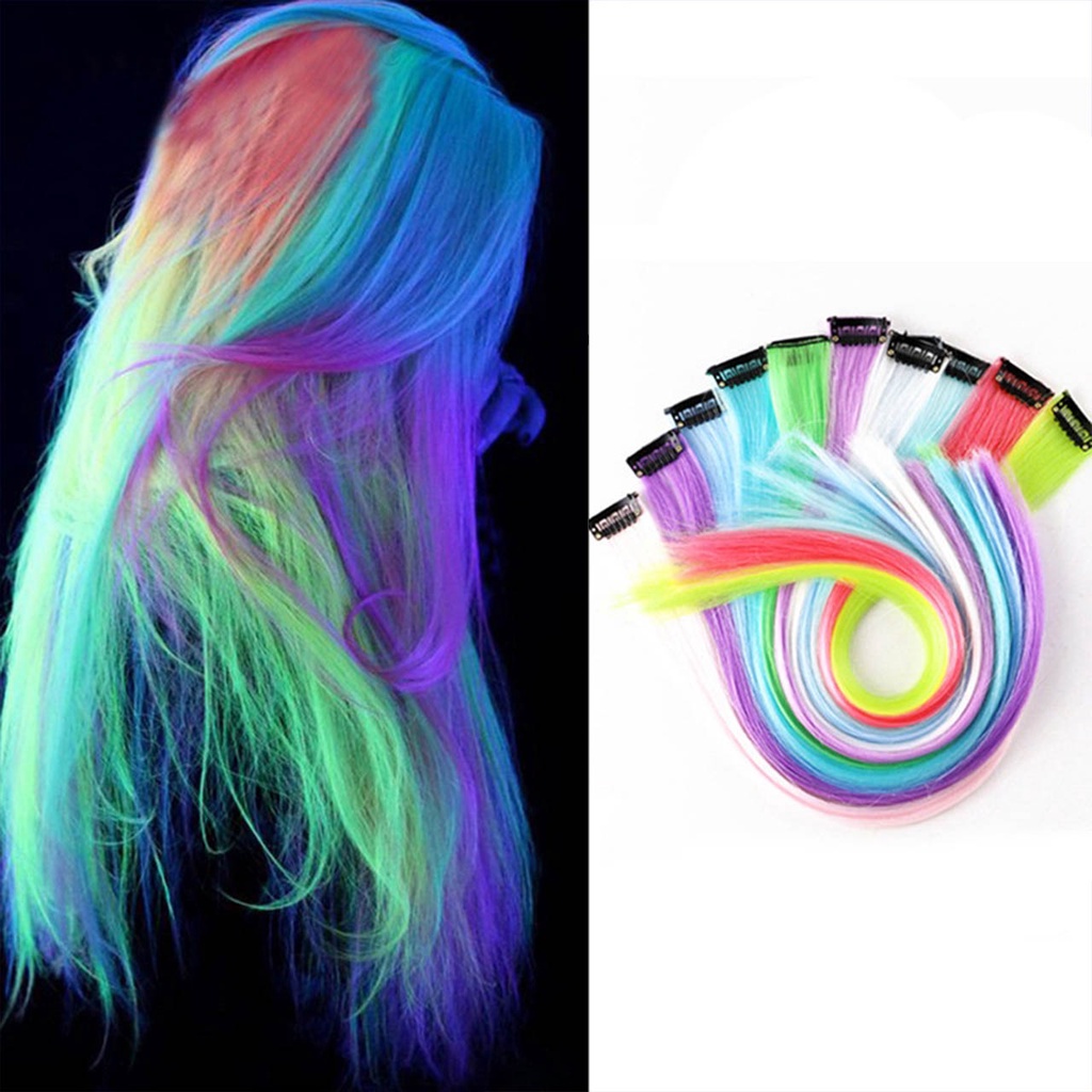 Rambut palsu hair clip glow in the dark panjang pendek sambung wanita untuk anak cewek remaja dewasa perempuan extension warna warni rainbow yang cantik