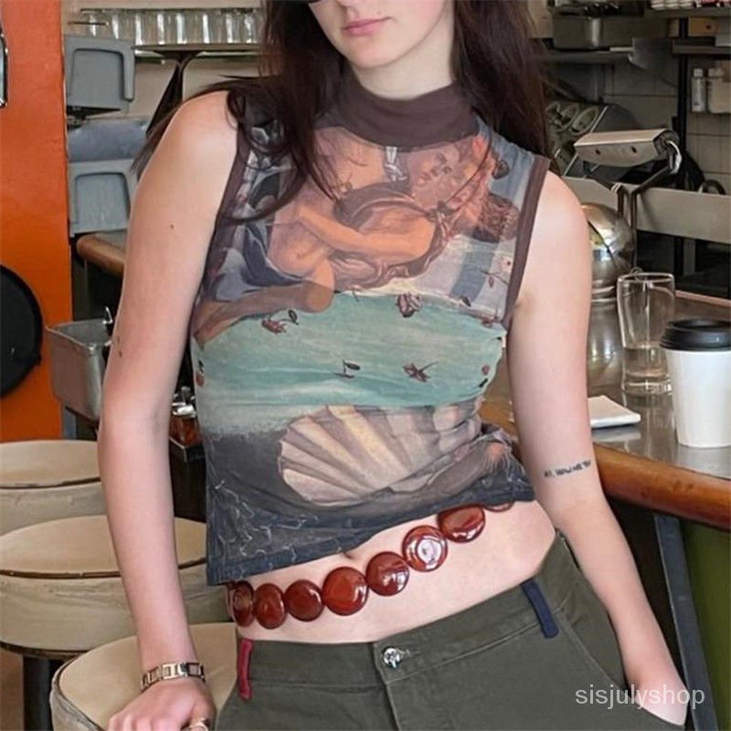 [✅BISA COD] #Sisjuly# Y2K Kaos Wanita / Atasan Motif Vintage Wanita / Tunik Tembus Pandang Jala / Ka