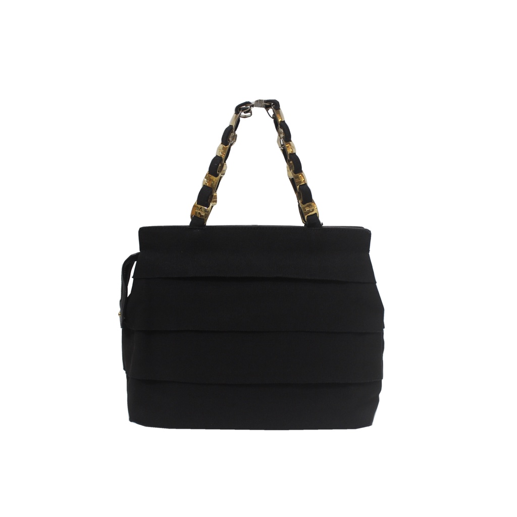 Salvatore Ferragamo Tiered Black Grosgrain Ribbon Tote Shoulder Bag GHW