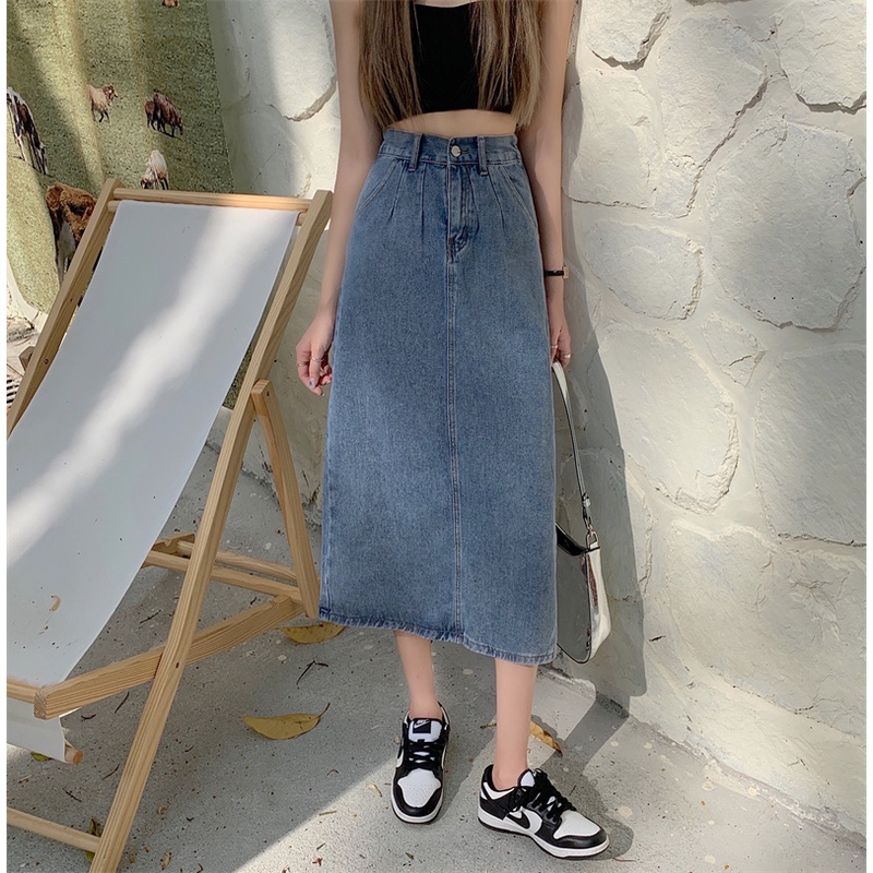 EUNII Korean Style A-line Skirt Midi Slit Rok Denim Panjang Wanita High Waist Skirt