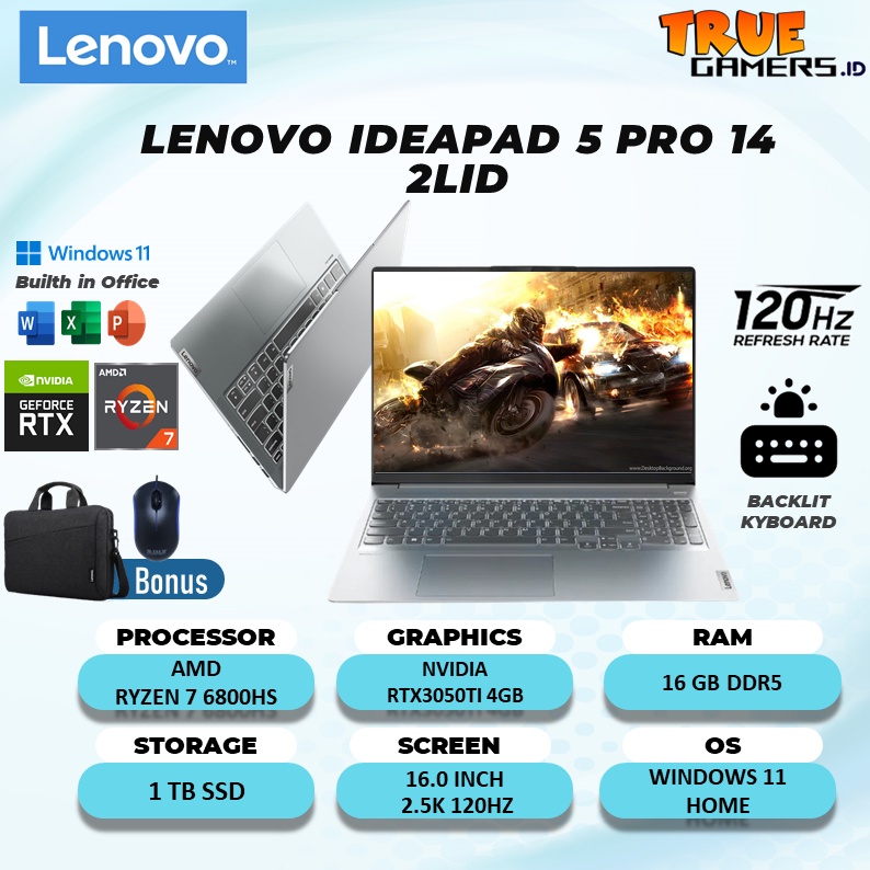 Laptop  Lenovo Ideapad 5 pro 14 RTX3050TI 4GB Amd Ryzen 7 6800HS RAM 16GB 1TBssd win11 + ohs 16.0 2.5K 120HZ 100SRGB