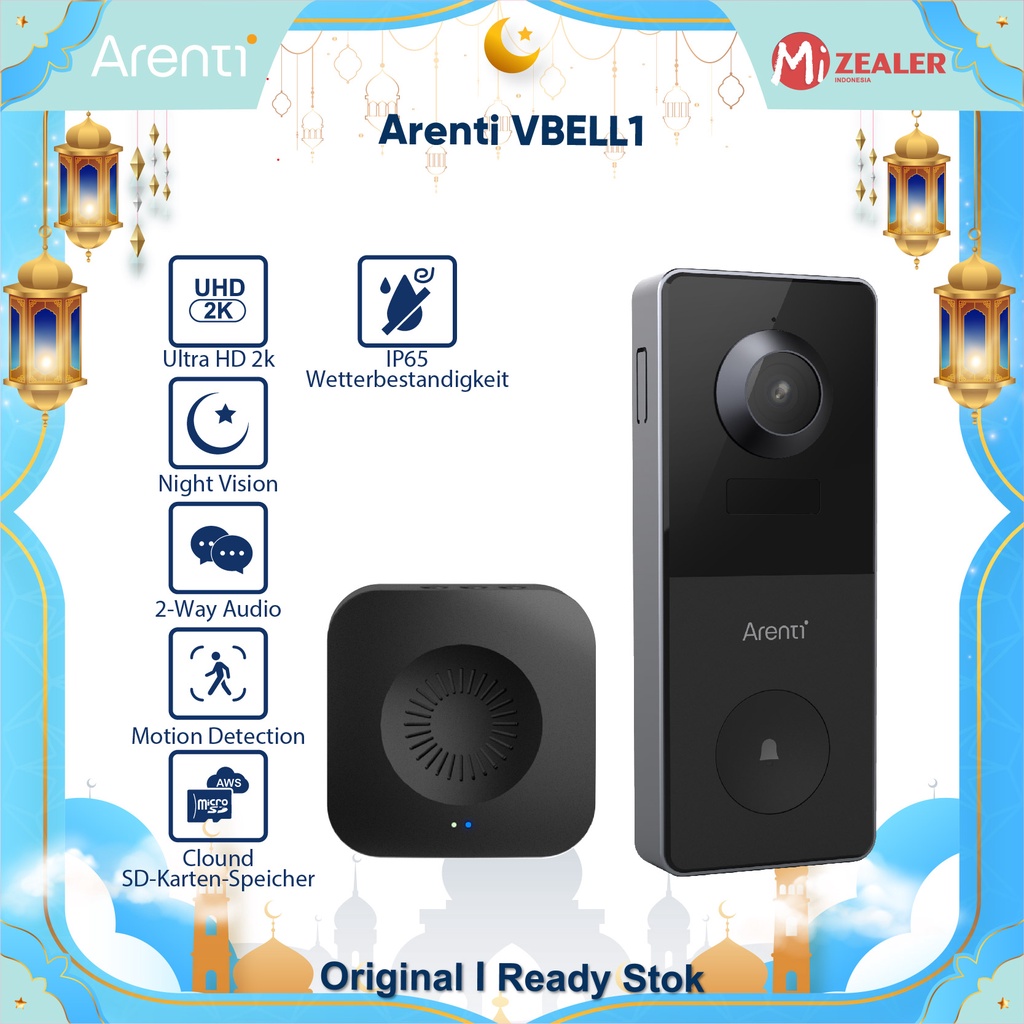 ARENTI VBELL1 CCTV Outdoor Battery-Powered 2K Wi-Fi Video Doorbell With Wireless Chime