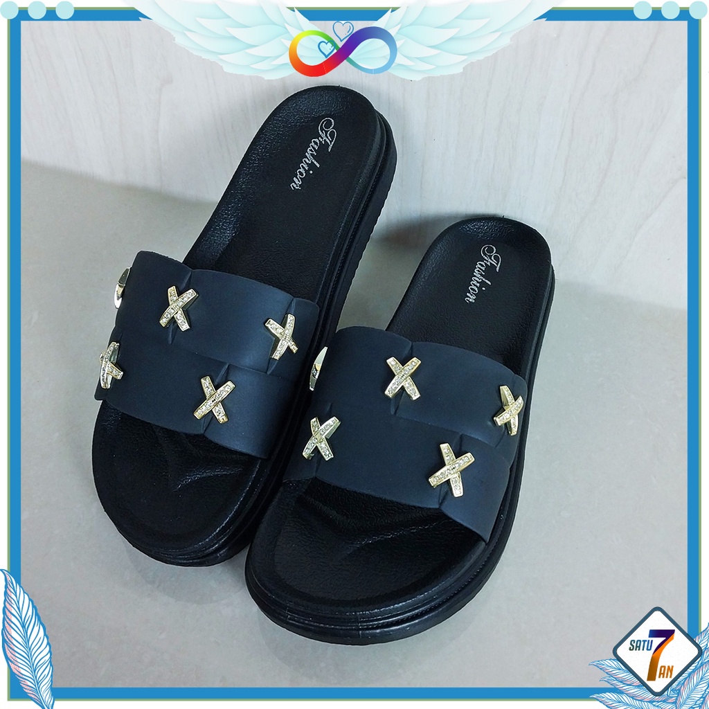 Sandal Slop Flat Sandal Wanita Slip On Fashion Style Cewek Motif Sandal Kasual Nyaman Lentur Empuk PVC Satu7an SPT-48