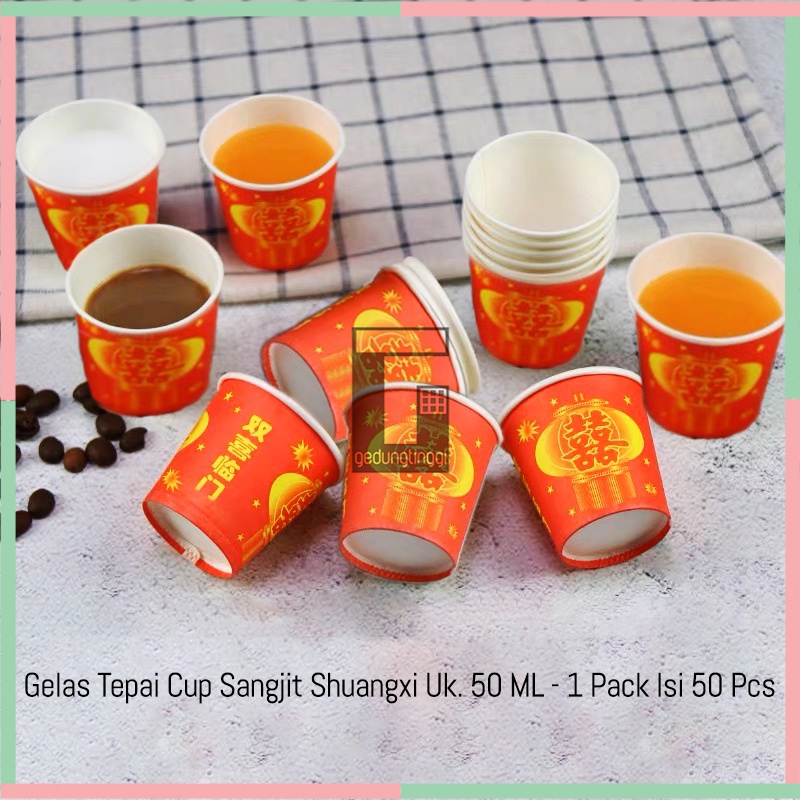 Gelas Mug Paper Papper Cup Tepai Teapai Tea Pai Teapay Phangteh Kertas Sangjit Wedding Nikah Pernikahan Hantaran Lamaran Seserahan Shuangxi Shuang Xi Suangsi Ceremony Sekali Pakai Tradisi Cina China Tionghoa Double Happiness Isi 50 Pcs