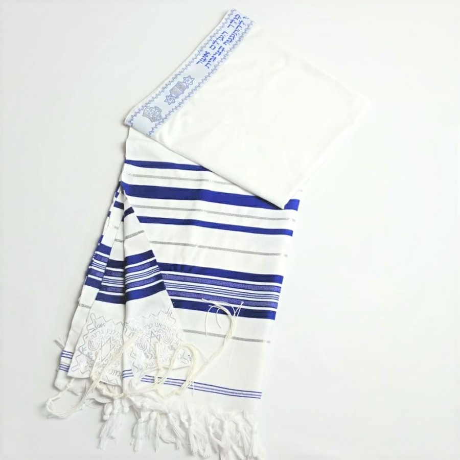 Selendang Doa HADAR BLUE SILVER Wool-Acrylic Tallit Gadol 130x180cm by Israel (Kosher)