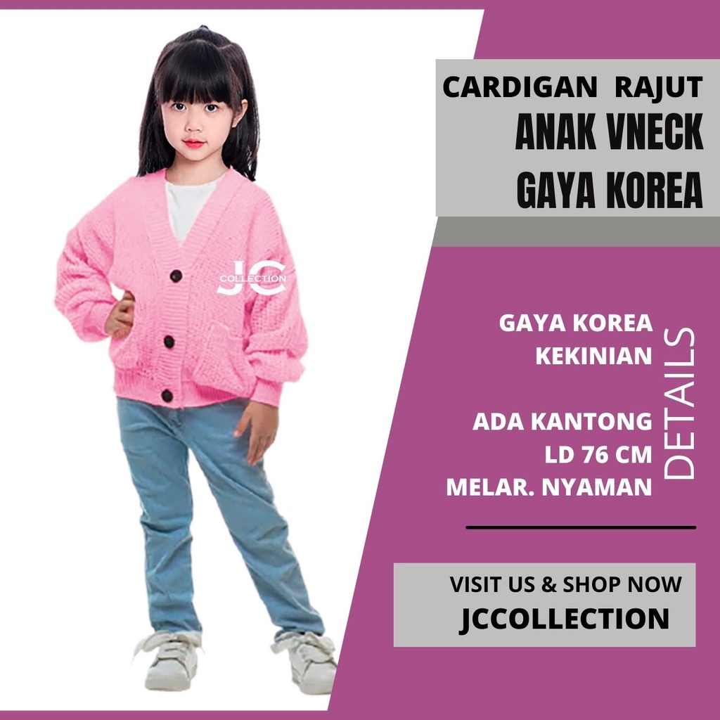 Cardigan Rajut Anak Perempuan Umur 2 Tahun - 9 Tahun Leher V Cherry / Kardigan Anak Remaja Kantong JCCollections