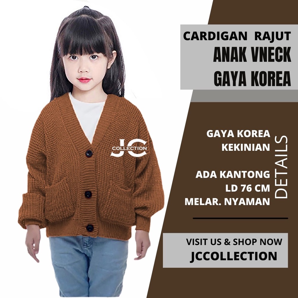 Cardigan Rajut Anak Perempuan Umur 2 Tahun - 9 Tahun Leher V Cherry / Kardigan Anak Remaja Kantong JCCollections