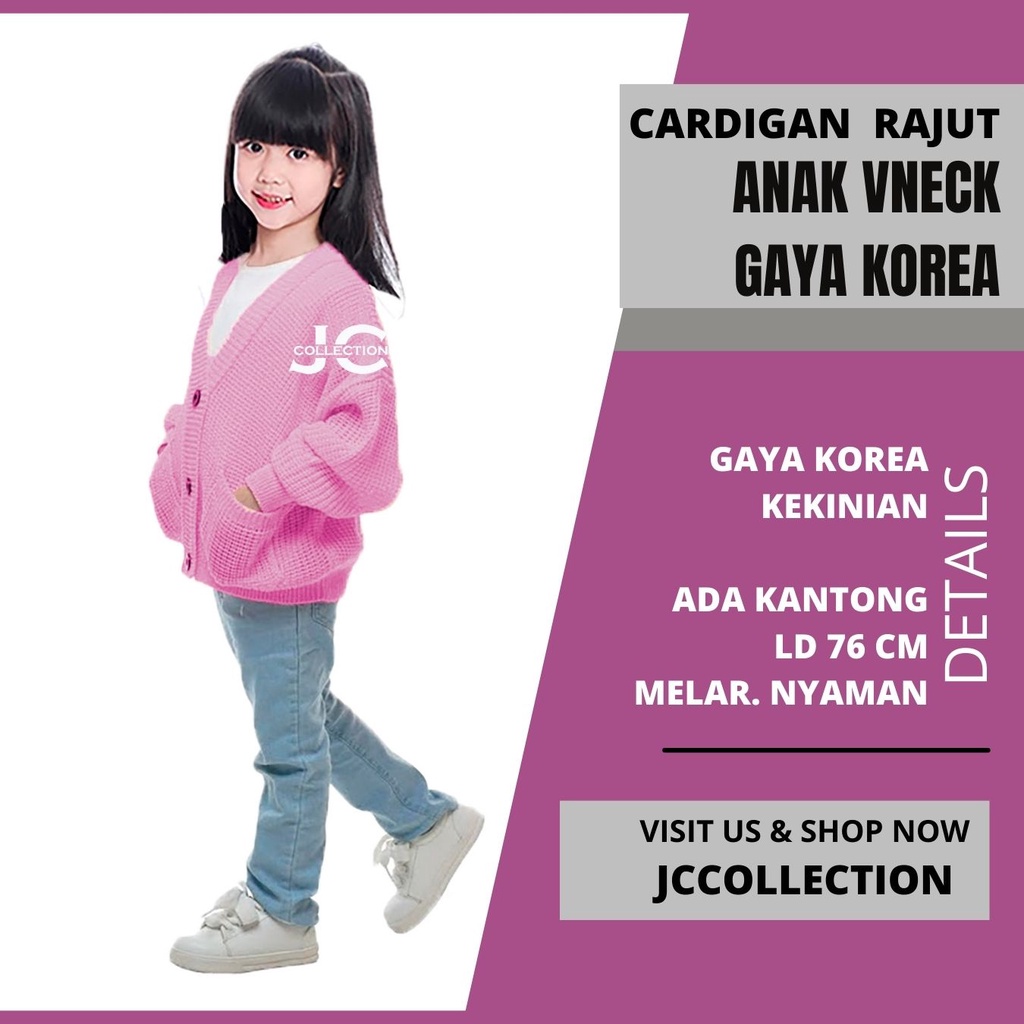 Cardigan Rajut Anak Perempuan Umur 2 Tahun - 9 Tahun Leher V Cherry / Kardigan Anak Remaja Kantong JCCollections