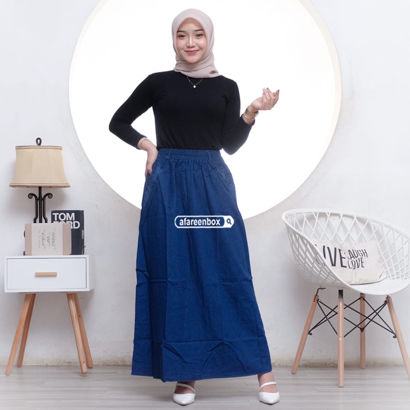 AFAREEN - Rok Jeans Panjang Wanita Line A Umbrella Mayung Span Denim Rok Jeans Motif Polos Pinggang Karet Kolor