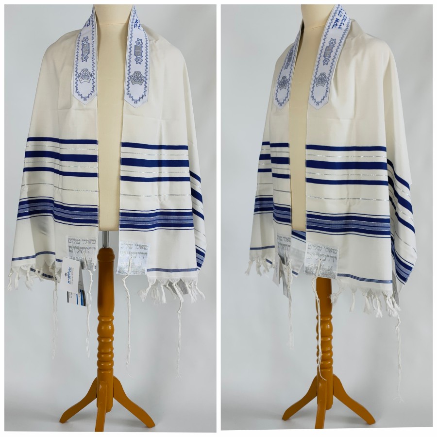 Selendang Doa BLUE-SILVER Wool Tallit 60x180cm by Israel (Kosher)