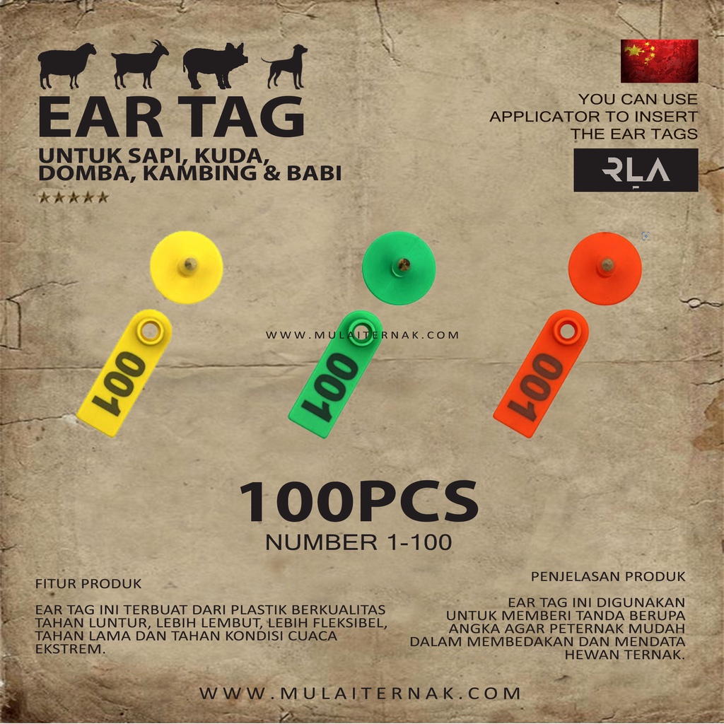 100 pcs Eartag Number - Penanda Kuping Kambing - Domba - Ear Tag - Babi - Kelinci - Kuda - Kerbau - 