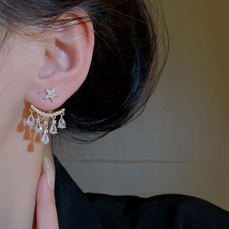 Kualitas Tinggi925 Perak Jarum Mewah Bintang Zirkon Rumbai Anting Wanita Belakang Gantung Earring