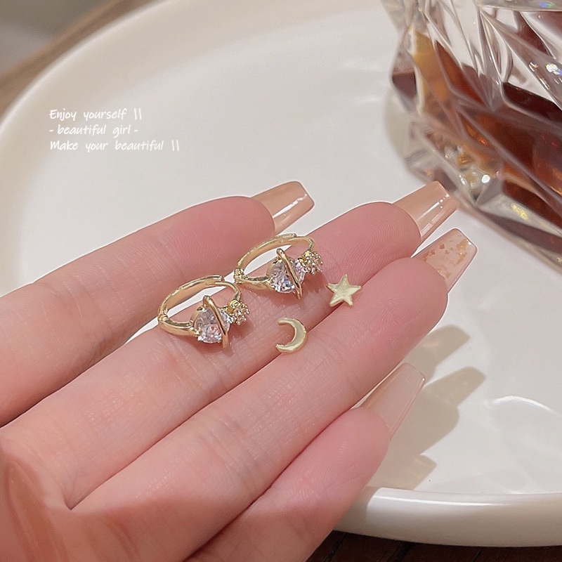 925 Perak Jarum Indah Zirkon Bulan Bintang Anting Set Fashion Wanita Perhiasan