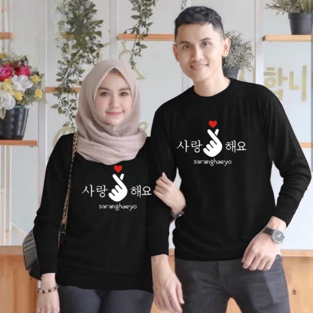 Baju lengan panjang couple saranghaeyo / baju distro trendy / baju terlaris / baju kekinian / harga sudah termasuk 2pcs