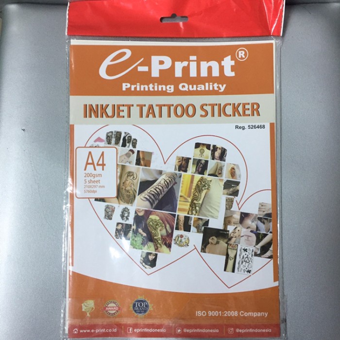 E-PRINT INKJET TATTOO STICKER A4 200GSM 5LBR KERTAS TATO STIKER EPRINT