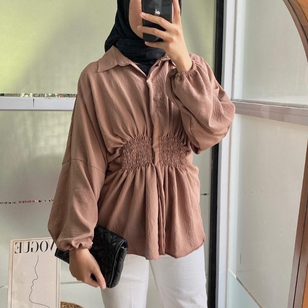 Kemeja Blouse Crinkle Airflow Wanita Lengan Balon Kerut Perut Bw06