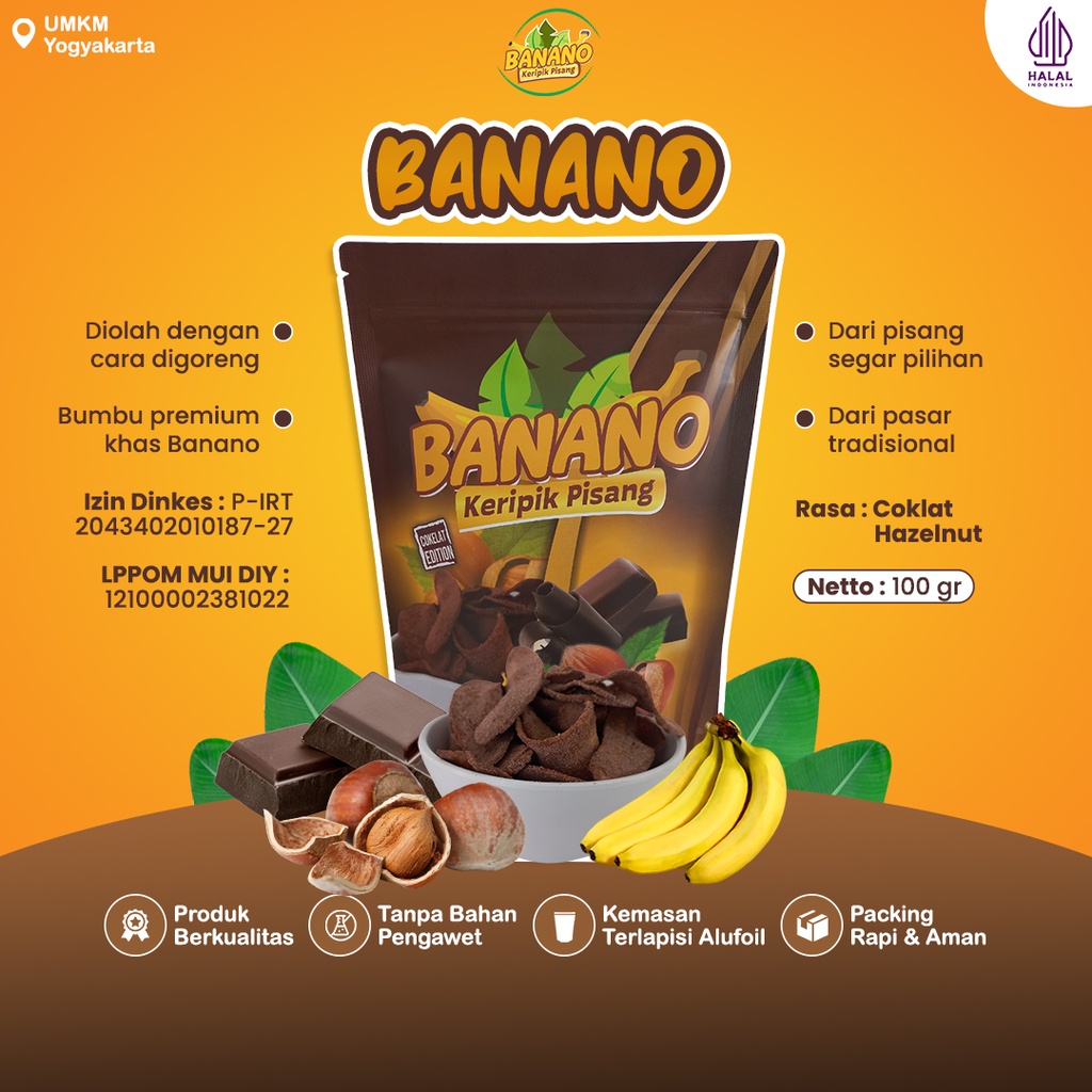 

Banano Keripik Pisang Original Camilan Kripik Halal Rasa Coklat Hazelnut 100 Gram