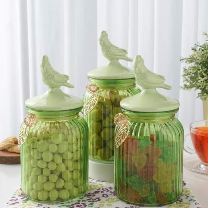 Mms Toples Kue Kering Kaca 3 Pcs Montella Stripe Lovebird Green 900 Ml Yesssmart