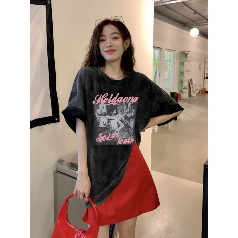 EUNII T-shirt Lengan Pendek Black Washed Retro Pink English Design Printing Korean Style/Kaos Atasan Wanita/Baju Wanita