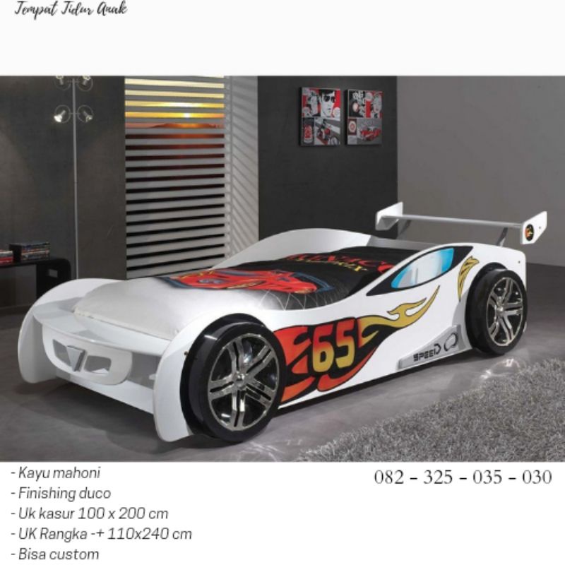 Ranjang Anak Ukuran 90x180 Single Bentuk Mobil, Rangka Tempat Tidur Kayu Minimalis Murah