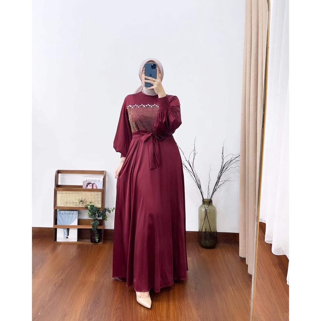 SYAHNAZ GAMIS LEBARAN KOMBINASI BROKAT MAXI DRESS WANITA SATIN SILK PREMIUM (MGA)