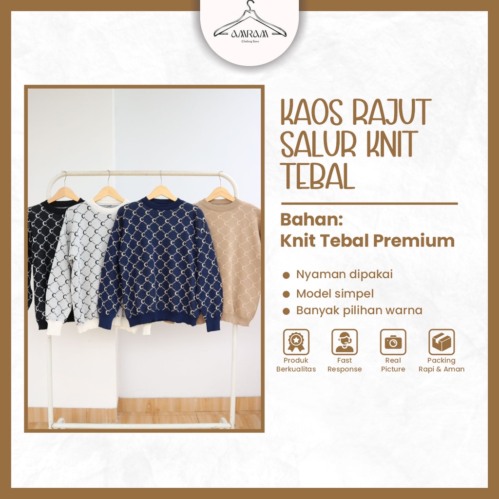 Kaos Rajut Salur Knit Tebal Wanita Baju Lengan Panjang Cewek Navy Grey Hitam Coklat Susu Kekinian Sw