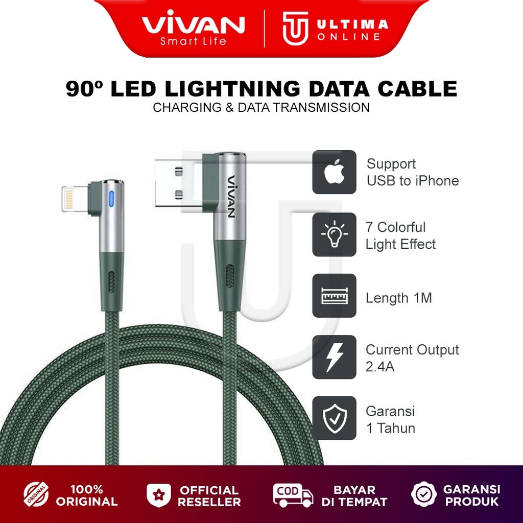 VIVAN Charger iPhone Lightning Kabel Data Gaming 90 Elbow BWL100S 2.4A