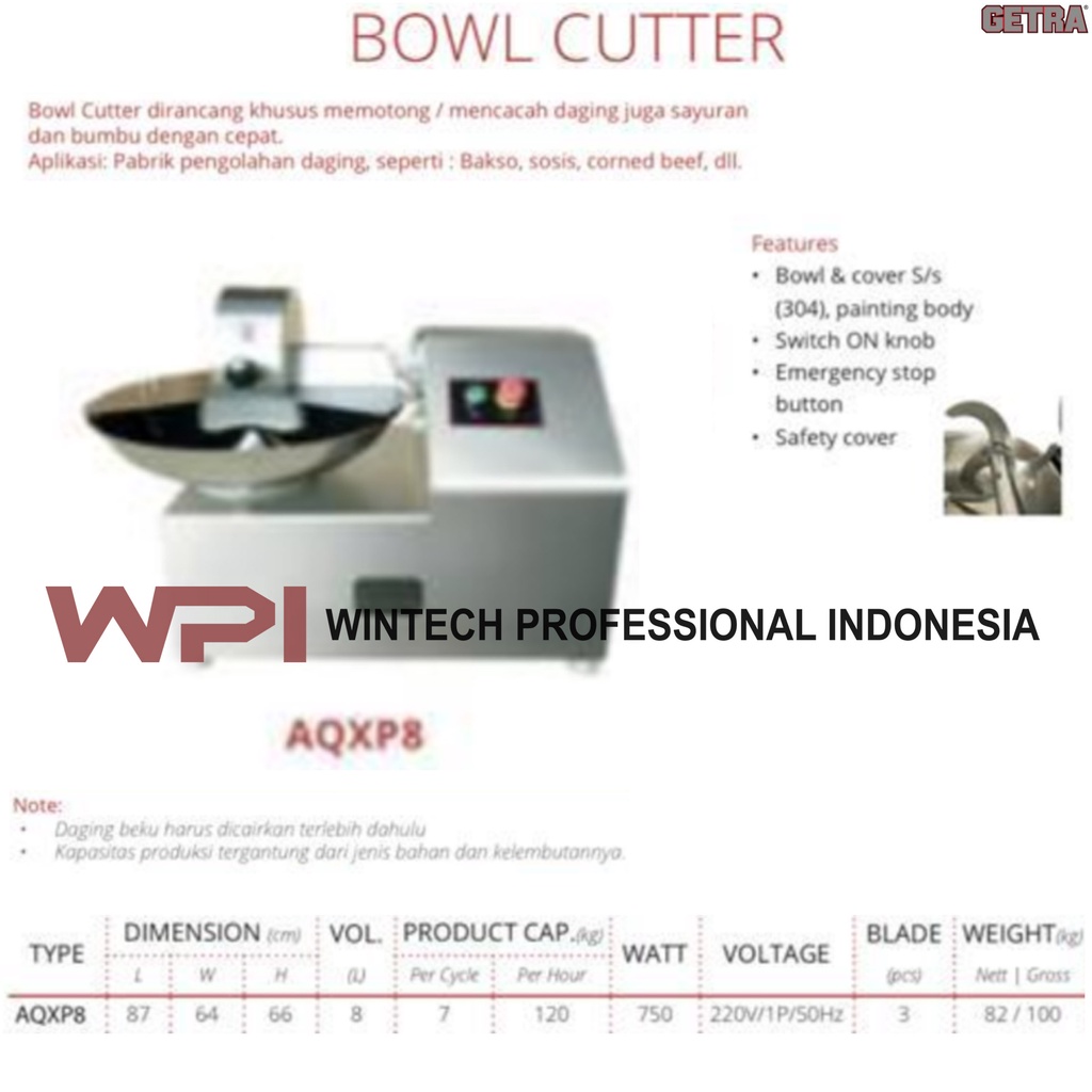 Getra AQXP8 Bowl Cutter - Mesin Untuk Memotong Daging Skala Besar - Mixer Adonan Bakso Mesin Giling 